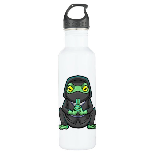 Frosch als Ninja in schwarz Edelstahlflasche (Vorderseite)