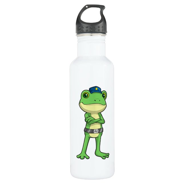 Frosch als Polizeibeamter mit Polizeihut Edelstahlflasche (Vorderseite)