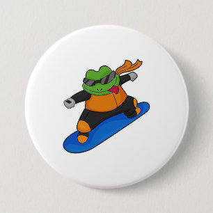 Frosch als Snowobarder mit Snowboard Button