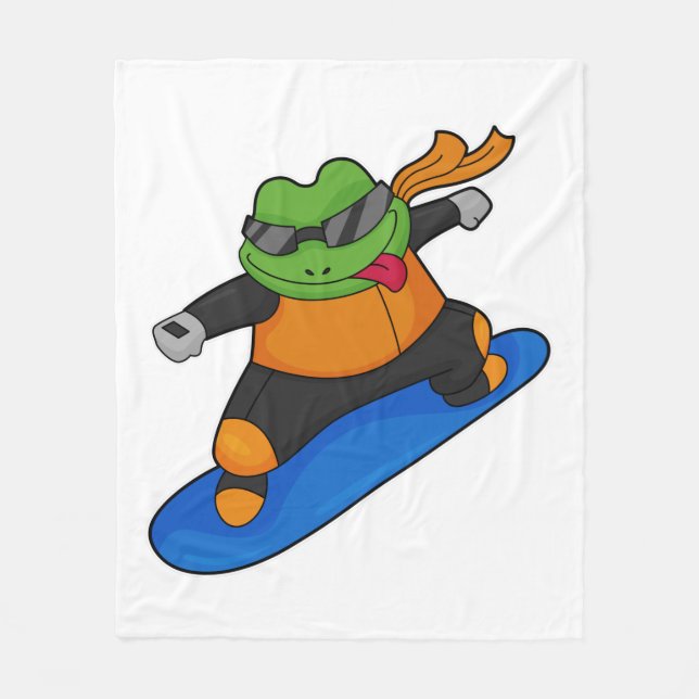 Frosch als Snowobarder mit Snowboard Fleecedecke (Vorderseite)