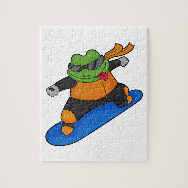 Frosch als Snowobarder mit Snowboard Puzzle (Vertikal)