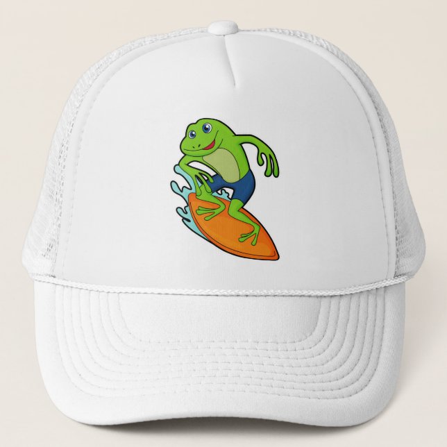 Frosch als Surfer mit Surfbrett Truckerkappe (Vorderseite)