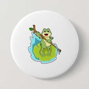 Frosch als Wanderer mit Stock Button
