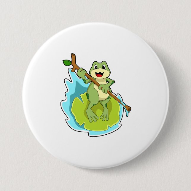 Frosch als Wanderer mit Stock Button (Vorderseite)