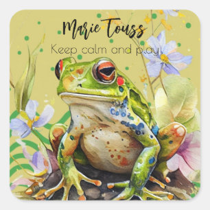 Frosch Aquarell Fun Text & Name Flat Holiday Card Quadratischer Aufkleber