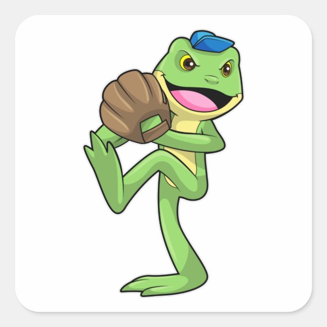 Frosch auf Baseball mit Handschuhen Quadratischer Aufkleber (Vorderseite)