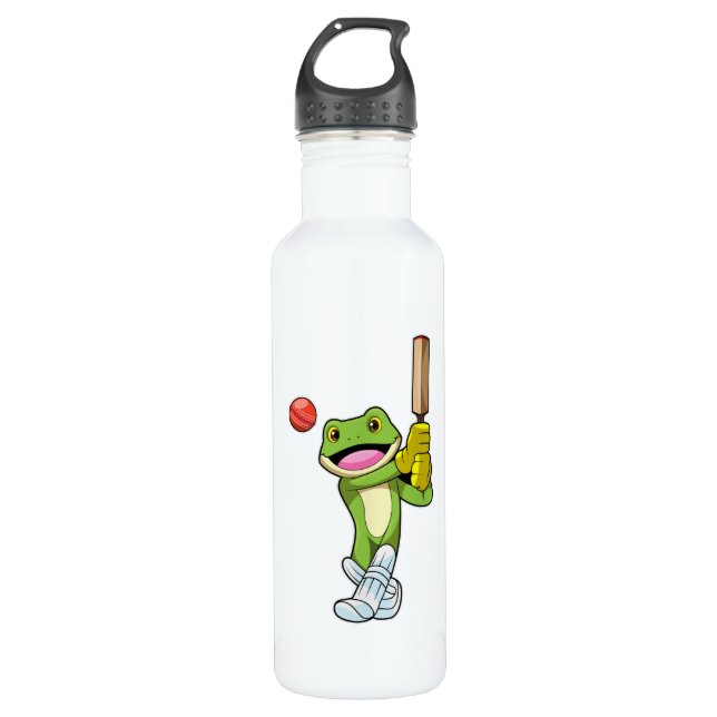 Frosch auf Cricket mit Cricket-Fledermaus Edelstahlflasche (Vorderseite)
