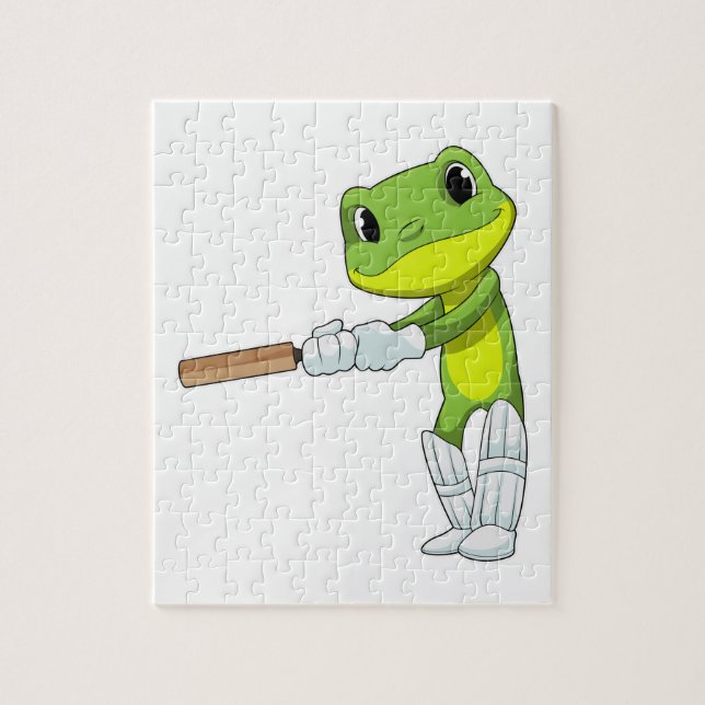Frosch auf Cricket mit Cricket-Fledermaus Puzzle (Vertikal)