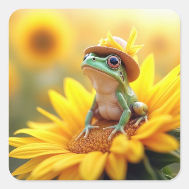 Frosch auf einer Sonnenblume Quadratischer Aufkleber (Vorderseite)