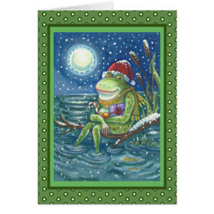 FROSCH AUF HOLZSTAMM FEIERT WEIHNACHTEN GRUßKARTE
