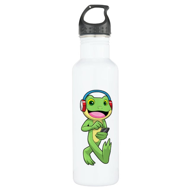 Frosch auf Musik mit Kopfhörer Edelstahlflasche (Vorderseite)