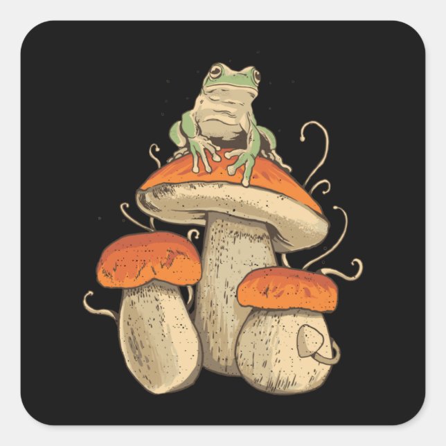 Frosch auf Pilz Quadratischer Aufkleber (Vorderseite)