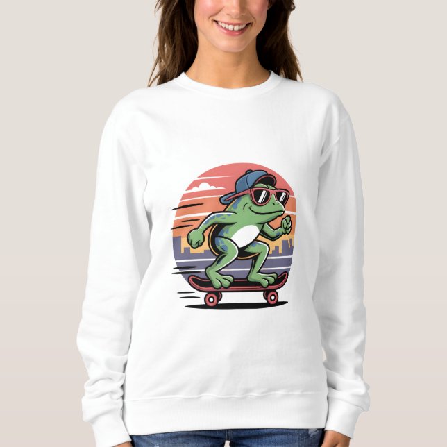 Frosch auf Skateboard Sweatshirt (Vorderseite)