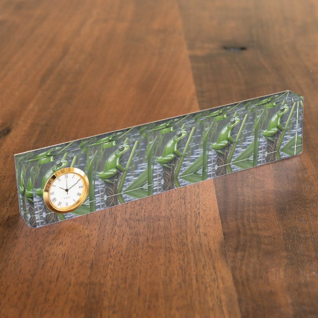 Frosch aus grünem Glas auf Schilf am Fluss, Namensplakette (Seite)