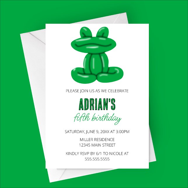 Frosch Balloon Animal Birthday Party Einladung (Green Frog Balloon Animal Birthday Party Invitation )