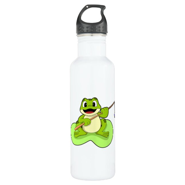 Frosch beim Angeln mit Angelrute Edelstahlflasche (Vorderseite)