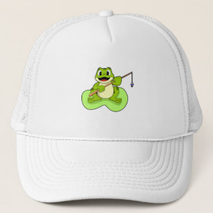 Frosch beim Angeln mit Angelrute Truckerkappe