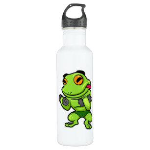 Frosch beim Biceps-Training mit Dumbells Edelstahlflasche