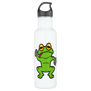 Frosch beim Schultertraining mit Dumbells Edelstahlflasche