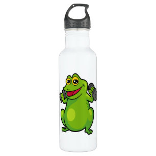 Frosch beim Schultertraining mit Dumbells Edelstahlflasche