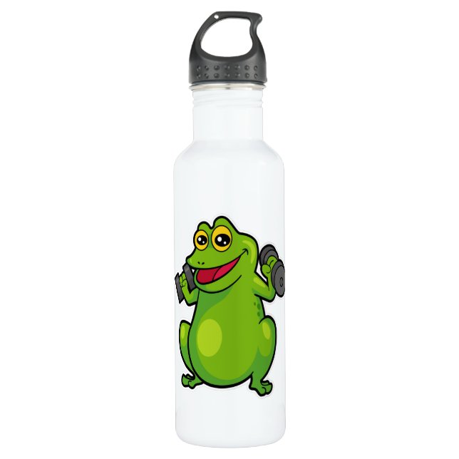 Frosch beim Schultertraining mit Dumbells Edelstahlflasche (Vorderseite)