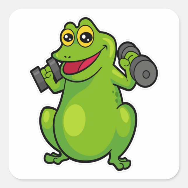 Frosch beim Schultertraining mit Dumbells Quadratischer Aufkleber (Vorderseite)