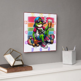 Frosch bereit zum Party mit einem Drink auf einem  Quadratische Wanduhr