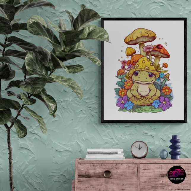 Frosch-Blume aus Cottecore Mushrooms Glossy Poster (This frog owns the wall now.)