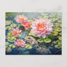 Frosch, der zwischen blühenden Seerosen sitzt Feiertagspostkarte