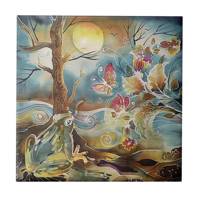 Frosch durch das Wasser Seidenmalerei Fliese (Vorderseite)