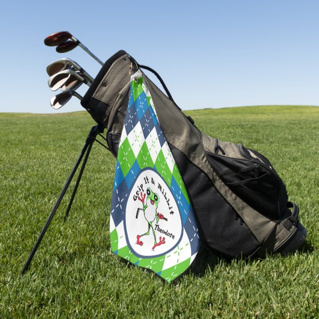 Frosch Golfing Grip It und Ribbit Blue Green Raute Golfhandtuch (Gras)