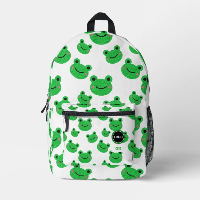 Frosch Green Pattern Monogram School Logo Bedruckter Rucksack (Vorderseite)