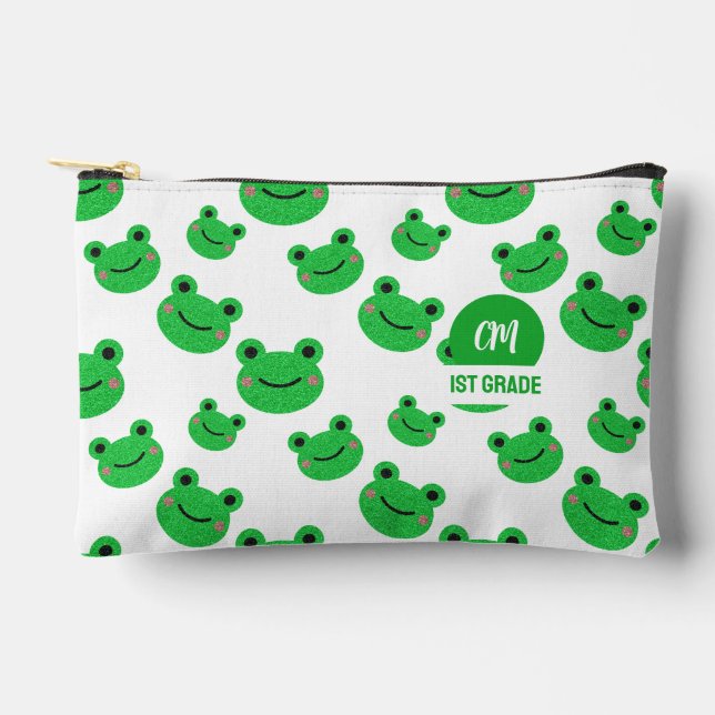 Frosch Happy Face Pattern Green Monogram School Zubehörtasche (Vorderseite)