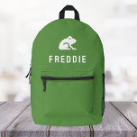 Frosch Icon Motif Niedlich Green Bedruckter Rucksack<br><div class="desc">Ein benutzerdefiniertes Design auf einem hellgrünen Hintergrund mit einem Froschmotiv-Symbol in Weiß,  das leicht durch das Hochladen eines eigenen Logos,  Bildes oder Motivs ersetzt werden kann! Der personalisierte Monogramm-Name in der weißen,  modernen Blocktypografie kann durch Ihren eigenen Namen oder benutzerdefinierten Text ersetzt werden. Das perfekte Geschenk oder Accessoire!</div>