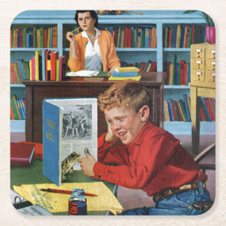 Frosch in der Bibliothek Rechteckiger Pappuntersetzer