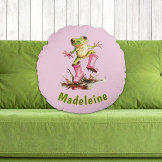 Frosch in süßen rosa Stiefeln in einer Pfütze Mono Rundes Kissen