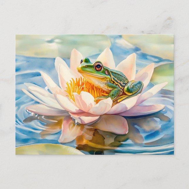 Frosch in Wasserlilie blühen Aquarellmalerei Postkarte (Vorderseite)