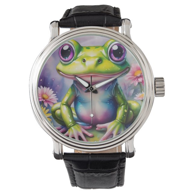 Frosch mit Blume, digitale Kunst Armbanduhr (Vorderseite)