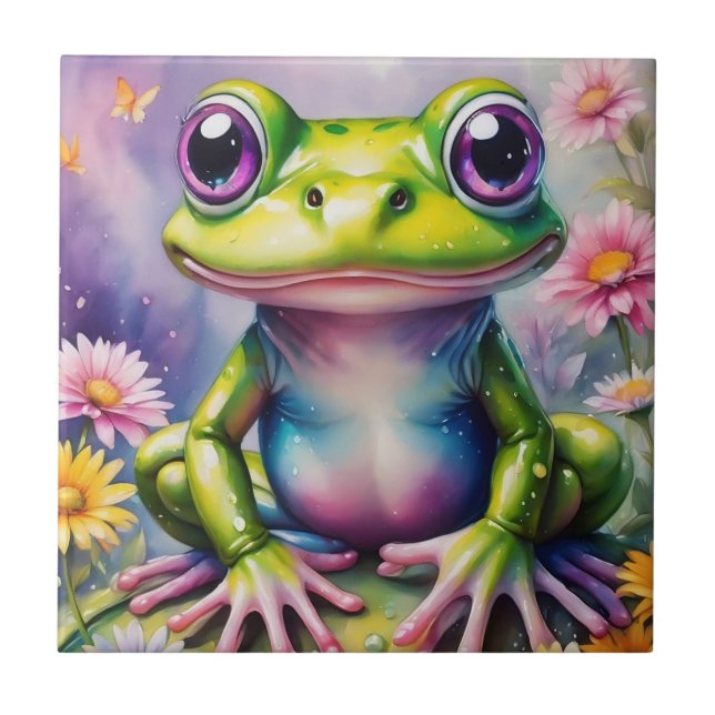 Frosch mit Blume, digitale Kunst Fliese (Vorderseite)