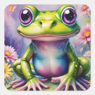 Frosch mit Blume, digitale Kunst Quadratischer Aufkleber