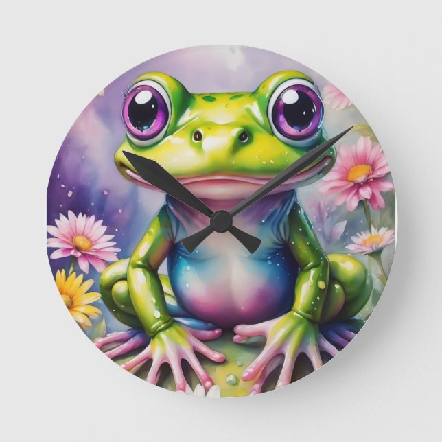 Frosch mit Blume, digitale Kunst Runde Wanduhr (Vorderseite)