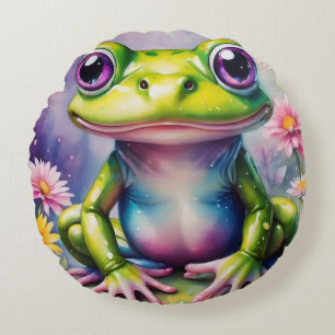 Frosch mit Blume, digitale Kunst Rundes Kissen