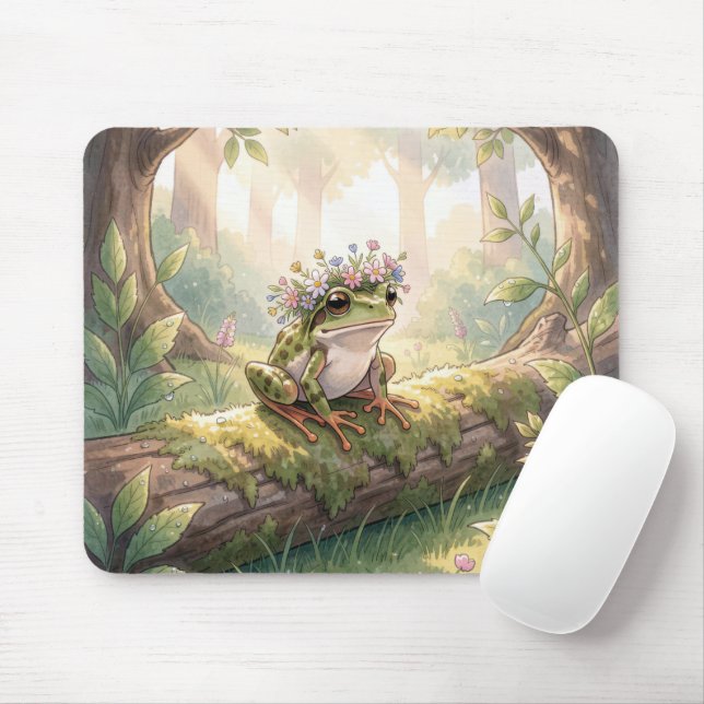 Frosch mit Blumenkrone im Wald Mousepad (Mit Mouse)
