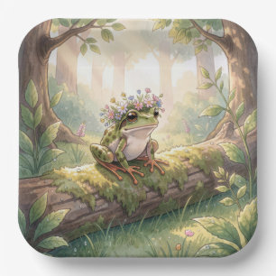 Frosch mit Blumenkrone im Wald Pappteller
