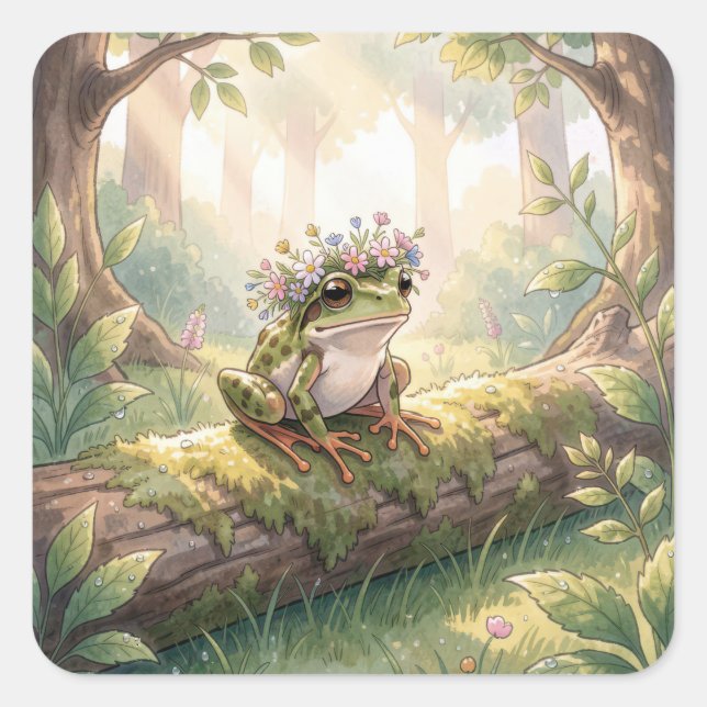 Frosch mit Blumenkrone im Wald Quadratischer Aufkleber (Vorderseite)