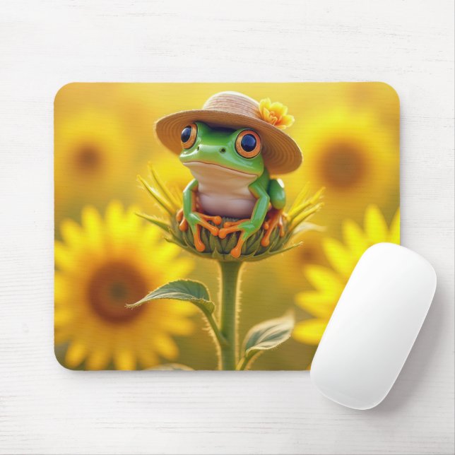 Frosch mit einem Strohhut auf einem Sonnenblumenkn Mousepad (Mit Mouse)