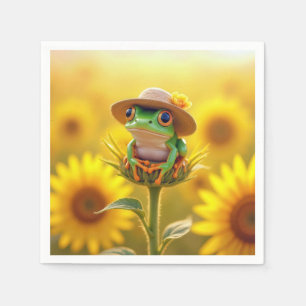 Frosch mit einem Strohhut auf einem Sonnenblumenkn Serviette