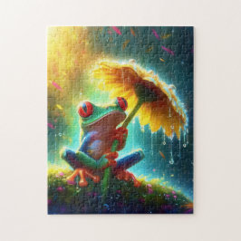 Frosch mit gelbem Daisy-Regenschirm im Regen Puzzle