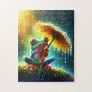 Frosch mit gelber Gänseblümchen-Regenschirm im Reg Puzzle