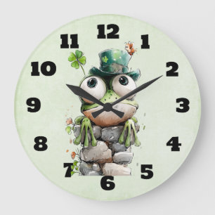 Frosch mit grünem Hut und Kleeblatt Niedlich Große Wanduhr